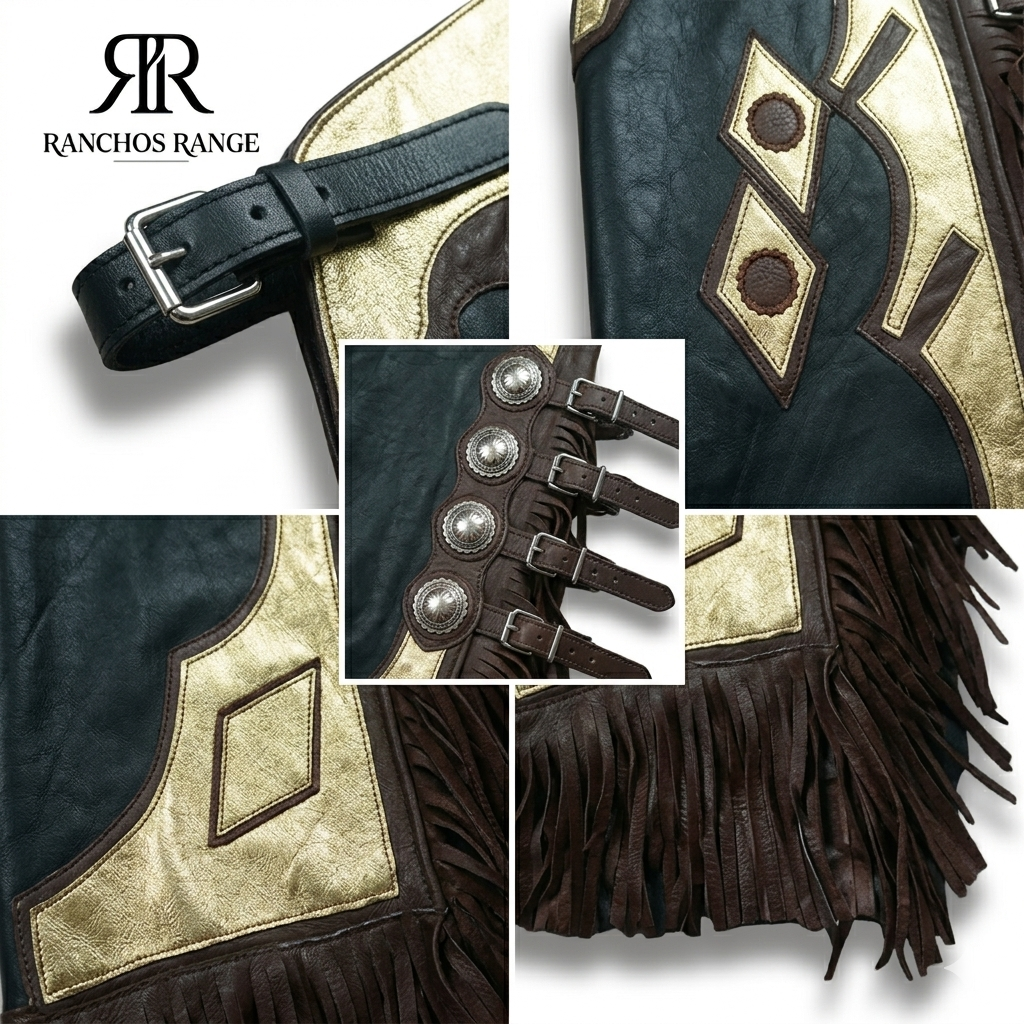 Custom Western Leather Rodeo Chaps - Brown and Gold Metallic Suede with Fringe & Buckle Straps