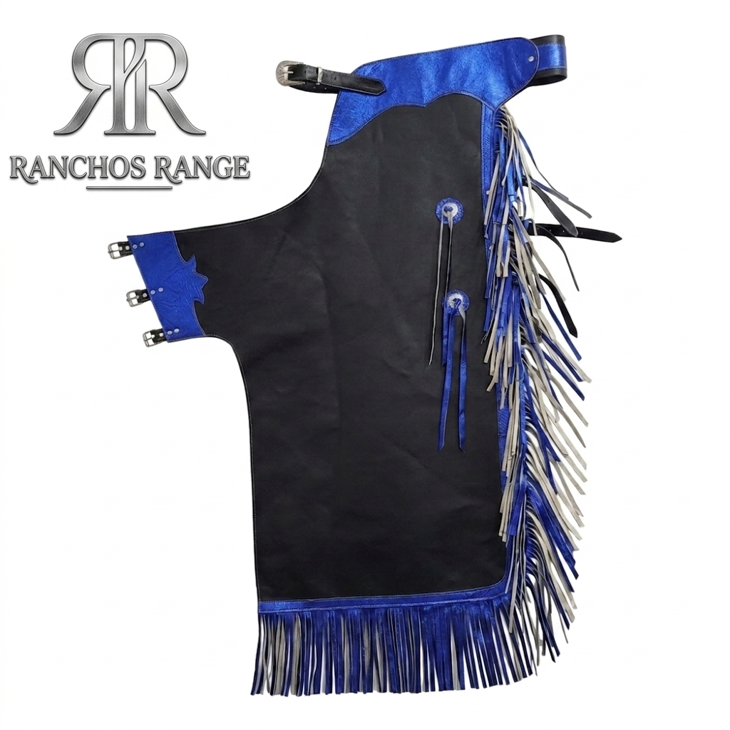 Men's Black & Blue Metallic Leather Rodeo Chaps with Dual-Color Fringe, Western Show Apparel for Horse Riding & Bull Riding, Ranchos Range
