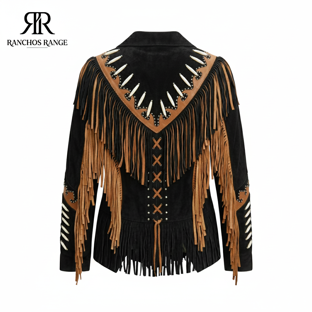 Vintage Style Western Fringe Jacket | Women's Black & Tan Suede Boho Coat with Bone Piping | Native American Inspired Southwestern Leather Outerwear