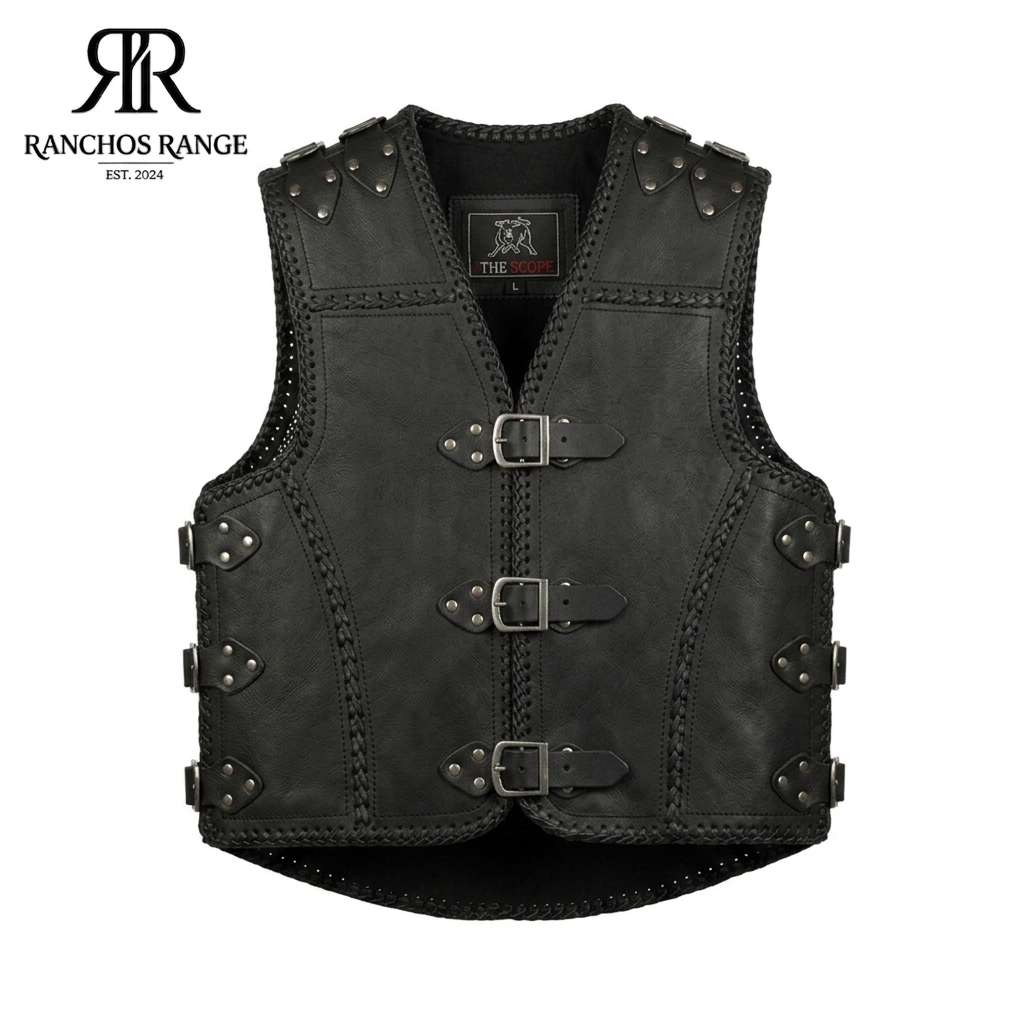 Handmade Men's Black Leather Tactical Vest with Buckle Straps and Braided Detailing - Custom Genuine Leather Biker Vest - Western Cowboy Waistcoat