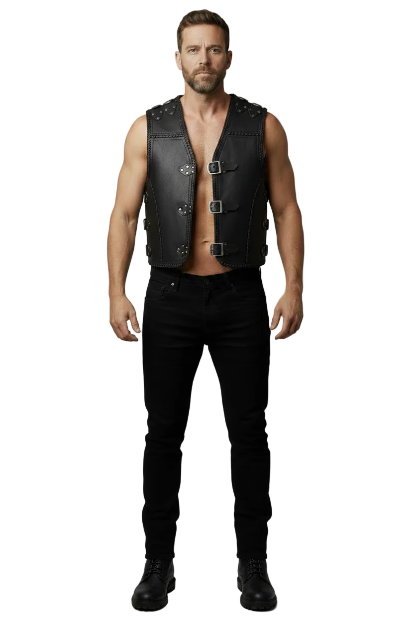 Handmade Men's Black Leather Tactical Vest with Buckle Straps and Braided Detailing - Custom Genuine Leather Biker Vest - Western Cowboy Waistcoat
