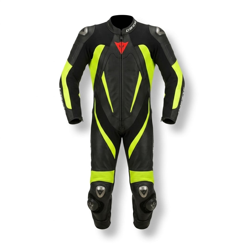 Professional Leather Motorbike Suit - High-Visibility Neon Yellow & Black Racing Leathers - Full Body Protective Gear for Track & Road
