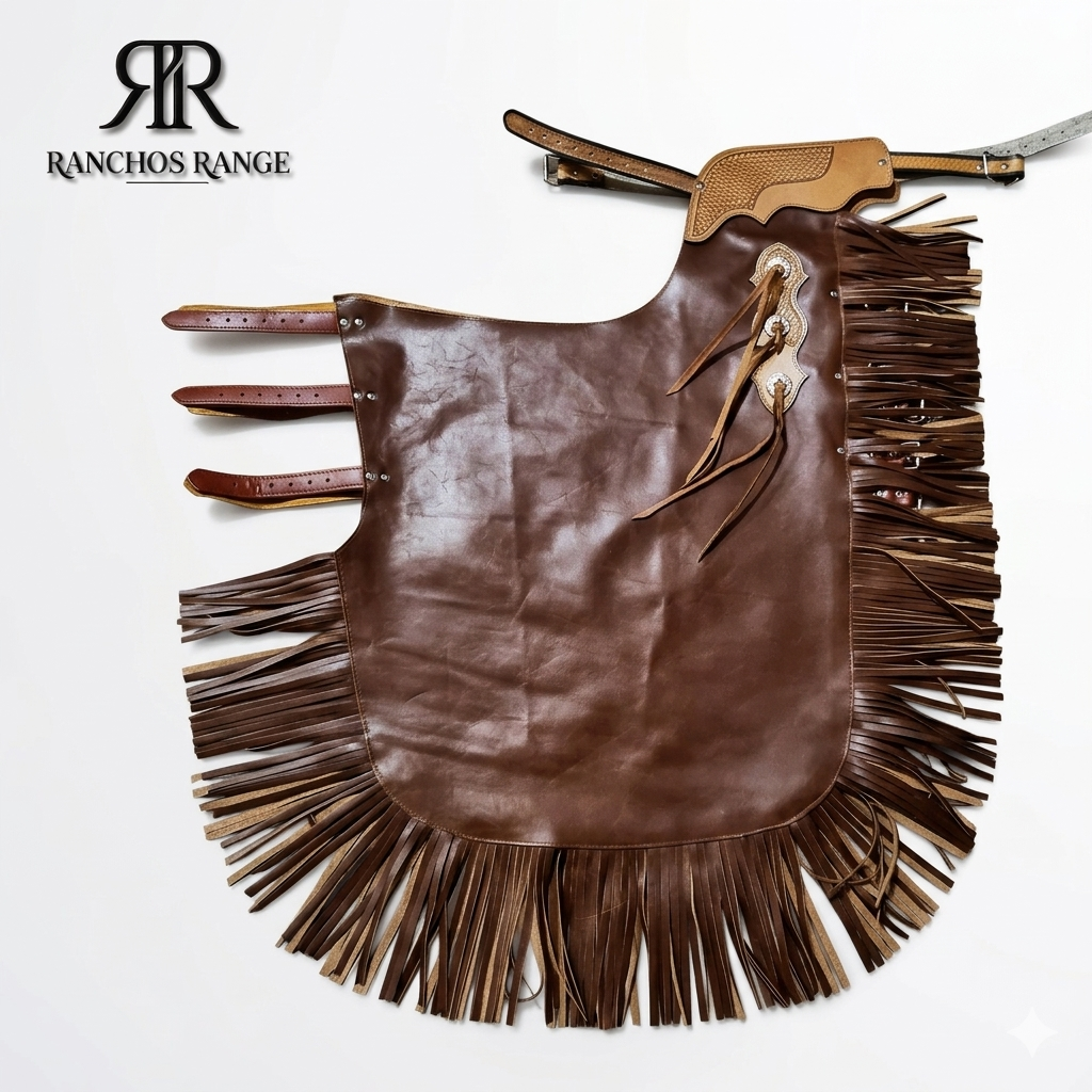 Custom Handmade Leather Rodeo Bull Riding Chaps - Brown Pro Rodeo Chaps with Fringe & Tooled Yoke - Western Equestrian Gear