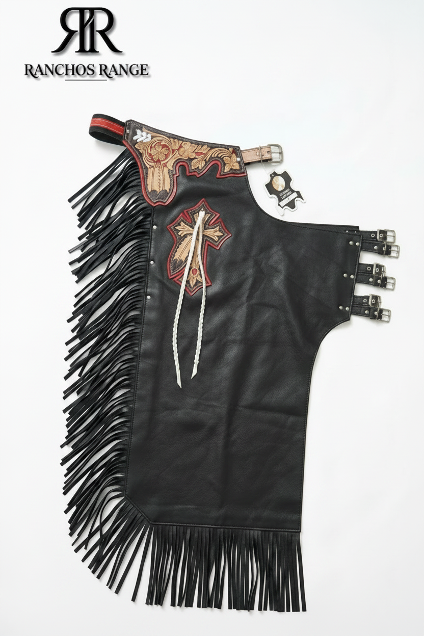 Custom Leather Rodeo Chaps with Tooled Floral Oak Leaf & Cross Inlay - Black Fringed Western Pro Rodeo Chaps - Custom Cowboy Leggings - Ranchos Range