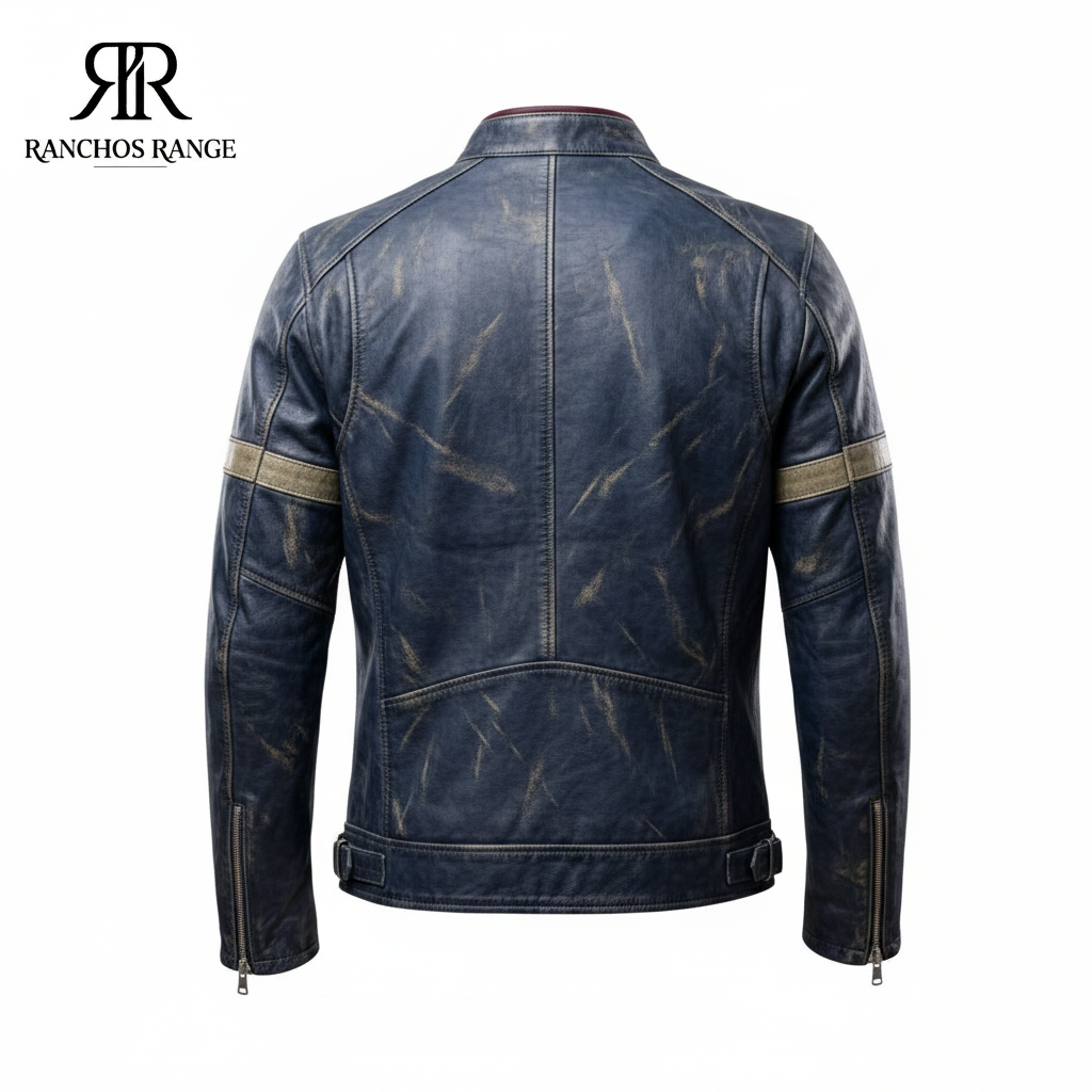 Mens Vintage Blue Leather Motorcycle Jacket - Distressed Retro Biker Cafe Racer Coat - Premium Real Leather Riding Gear