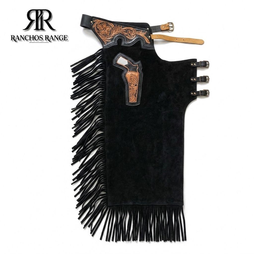 Custom Bull Riding Rodeo Chaps with Hand-Tooled Leather Gun Holster Design - Premium Black Suede Western Chaps - bull  Riding Cowboy Gear
