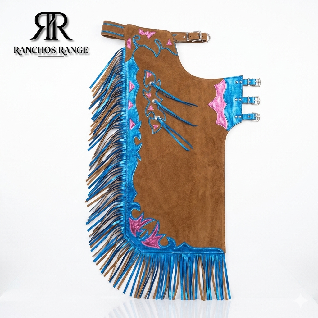 Custom Bull Riding Rodeo Chaps - Electric Blue & Tan Suede Pro Leather Gear - Ranchos Range Fringe Cowboy Chaps - Western Horse Riding Gear for Men & Youth