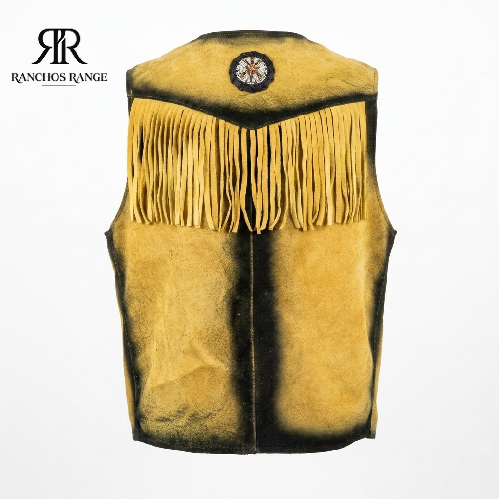 Handmade Men's Western Suede Fringe Vest - Distressed Yellow Leather Cowboy Waistcoat - Native American Style Beaded Medallion - Ranchos Range