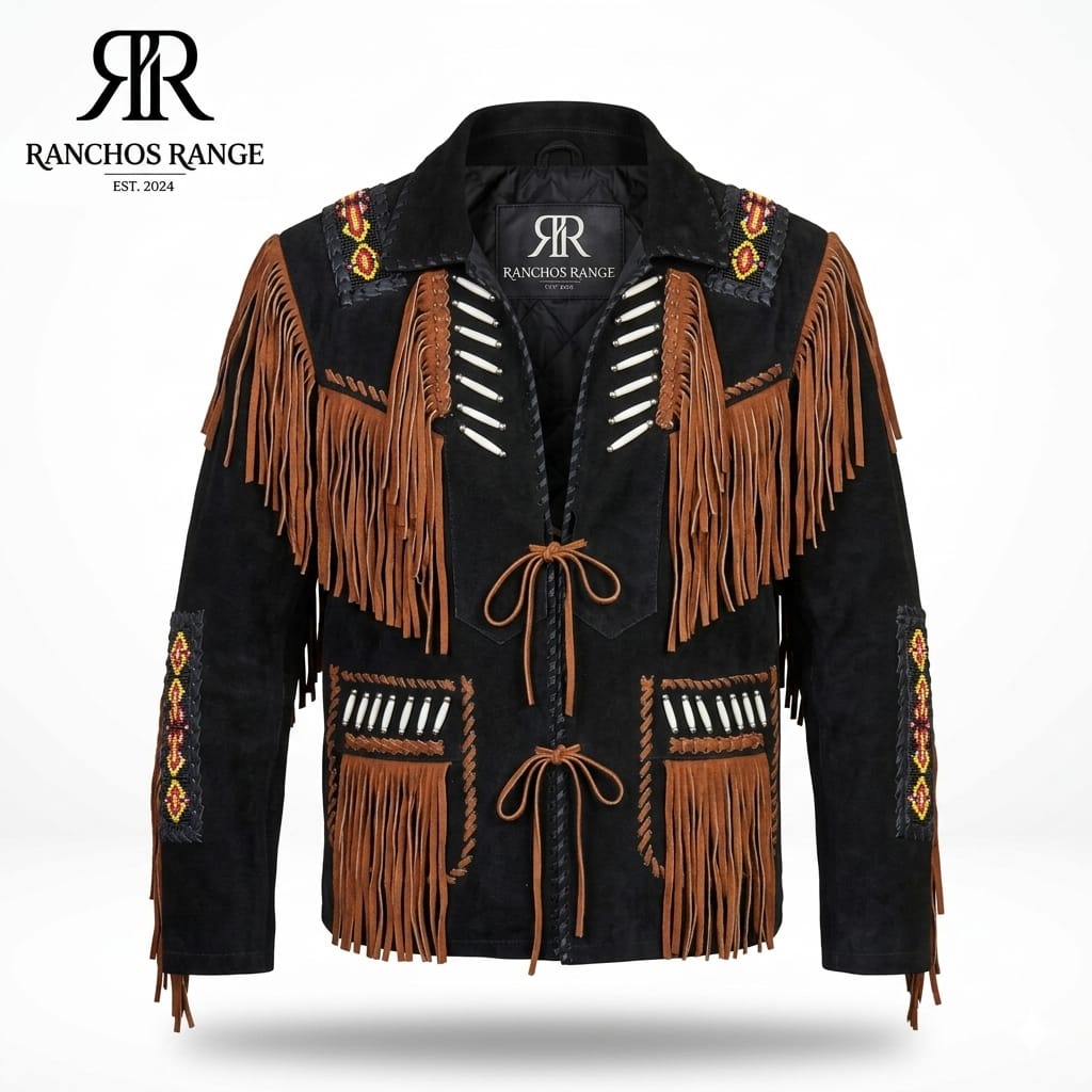 Men's Western Fringe Leather Jacket - Handmade Black Suede Cowboy Jacket with Beads & Bone Piping - Traditional Native American Style Rodeo Coat - Ranchos Range Custom Suede Biker Jacket