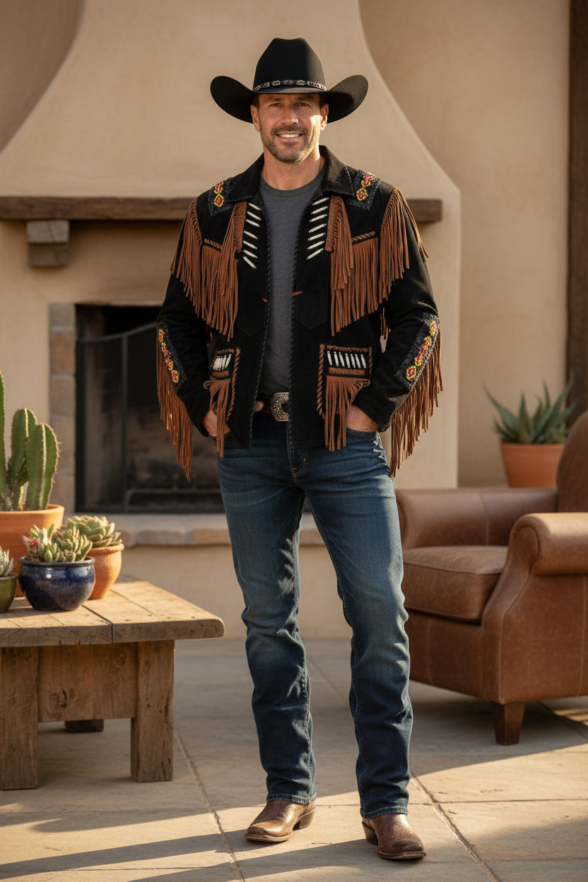 Men's Western Fringe Leather Jacket - Handmade Black Suede Cowboy Jacket with Beads & Bone Piping - Traditional Native American Style Rodeo Coat - Ranchos Range Custom Suede Biker Jacket