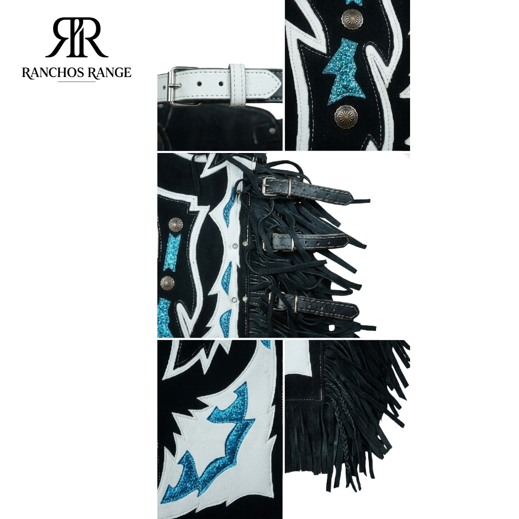 Custom Pro Rodeo Chaps – Black Suede with White Leather & Turquoise Glitter Inlays – Bull Riding Equestrian Gear