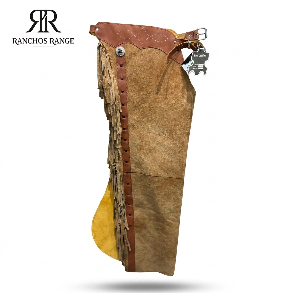 "RANCHOS RANGE" Tan Suede Chaps with Fringe and Contrast Trim