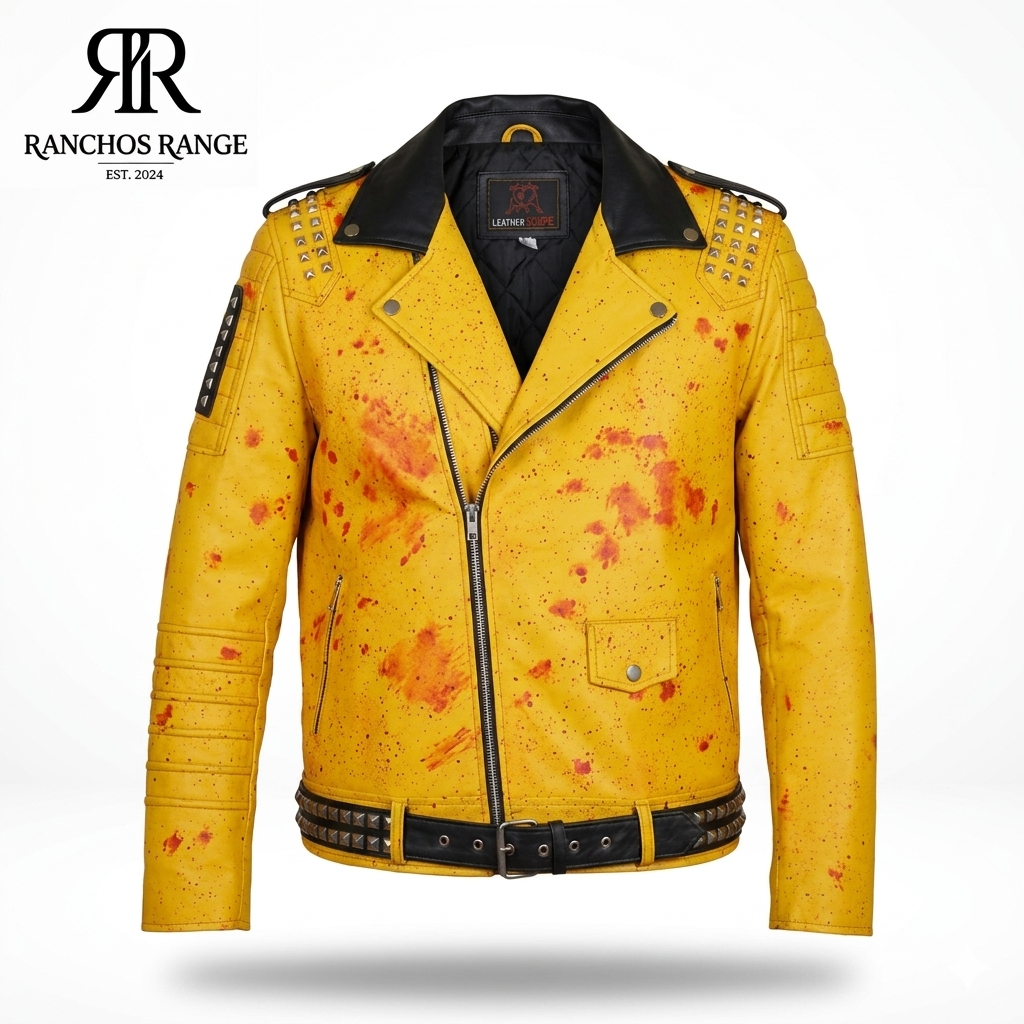 Men's Yellow Distressed Leather Biker Jacket - Blood Splat Punk Style with Studs