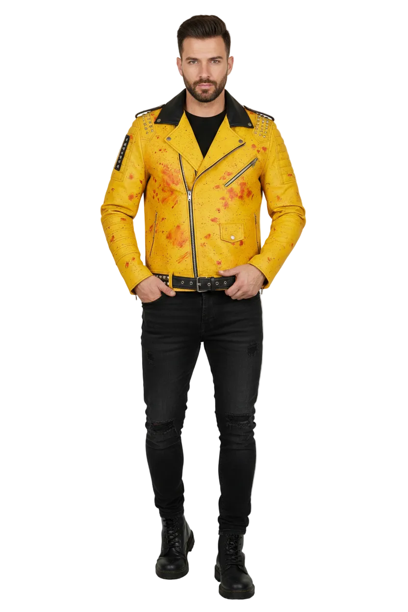 Men's Yellow Distressed Leather Biker Jacket - Blood Splat Punk Style with Studs