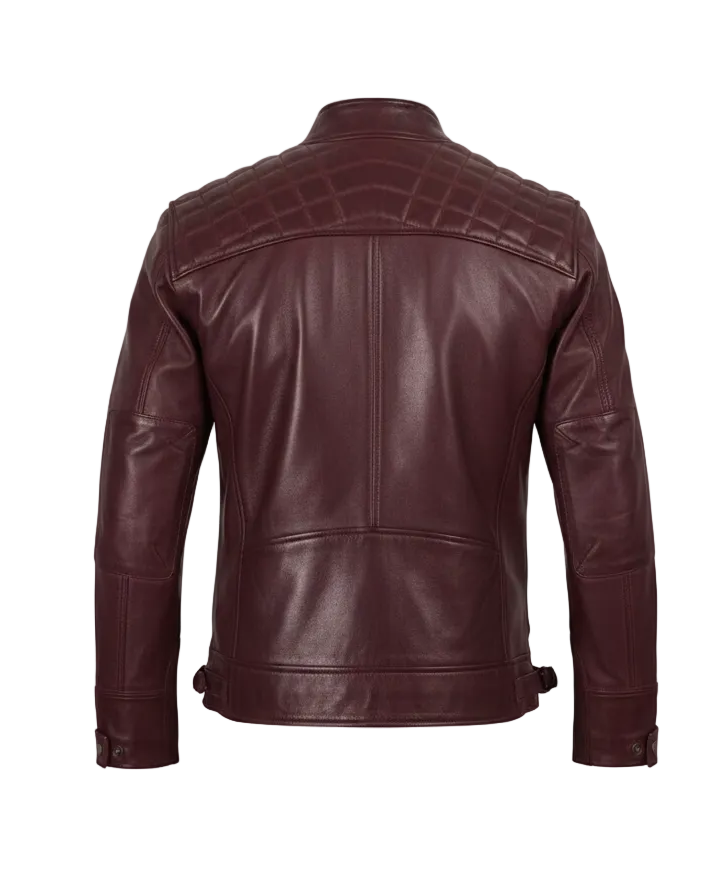 Men's Maroon Leather Biker Jacket - Slim Fit Quilted Cafe Racer Jacket - Genuine Sheepskin Motorbike Leather Jacket - Dark Burgundy Leather Coat