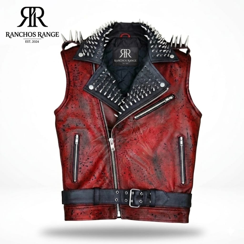 Handmade Spiked Red Leather Vest Men - Studded Punk Rock Biker Jacket - Distressed Gothic Moto Waistcoat - Heavy Metal Stage Wear - Ranchos Range