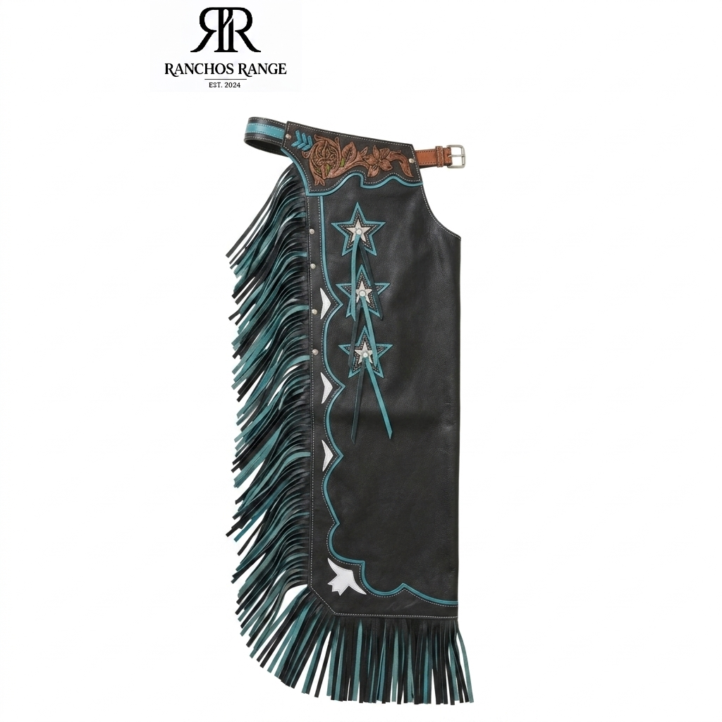 Handcrafted Western Leather Chaps – Black and Teal with Floral Yoke and Star Inlays