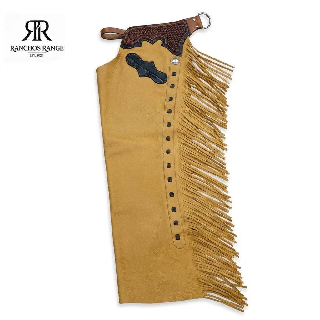 Custom Western Leather Rodeo Chaps - Hand-Tooled Floral Leather Bull Riding Chaps with Fringe - Tan Suede Cowboy Batwing Chaps for Men & Women