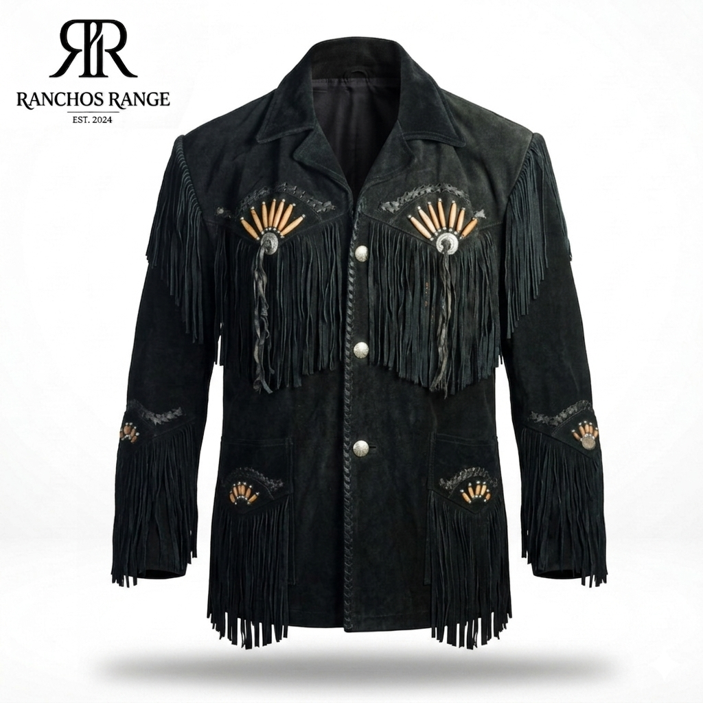 Ranchos Range Men’s Black Suede Western Jacket - Authentic Fringe & Beadwork Cowboy Coat - Traditional Southwestern Suede Outwear