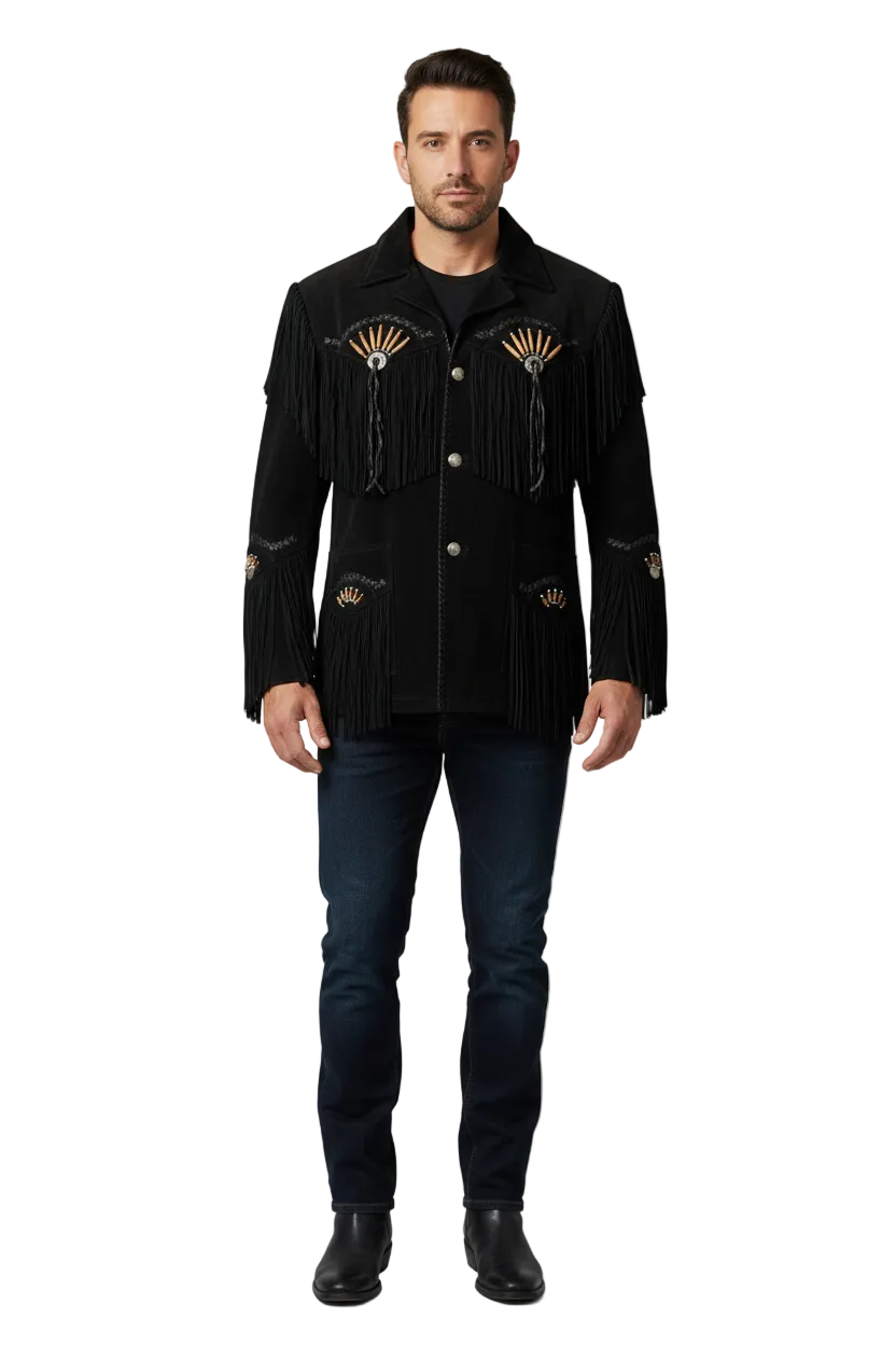 Ranchos Range Men’s Black Suede Western Jacket - Authentic Fringe & Beadwork Cowboy Coat - Traditional Southwestern Suede Outwear