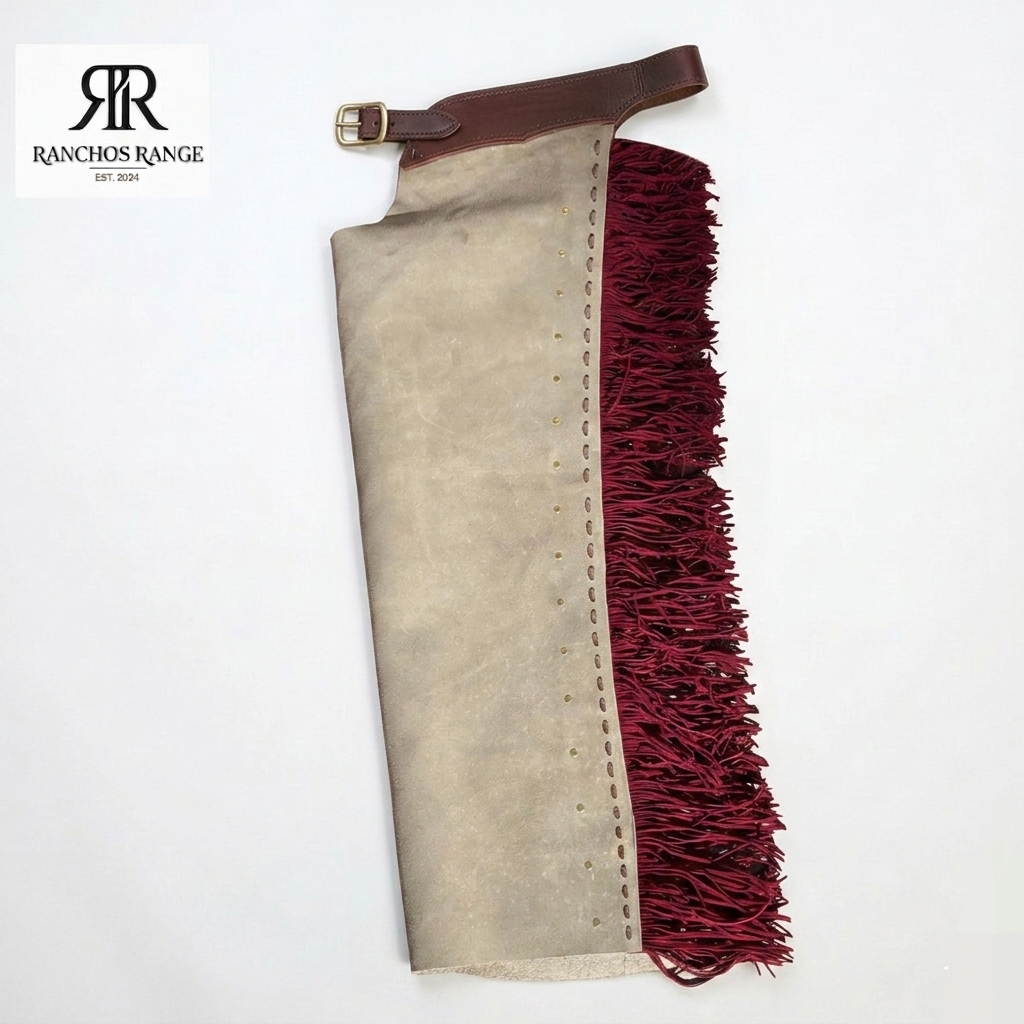 Custom Cowboy Chaps – Grey Roughout Leather with Deep Burgundy Fringe and Tooled Waistband