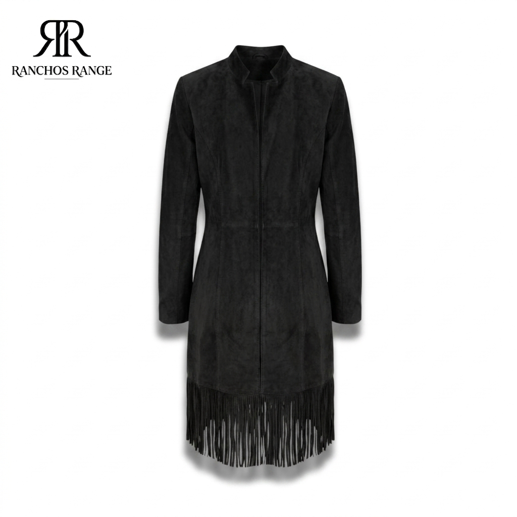 Women's Black Suede Fringe Coat – Western Style Genuine Leather Long Jacket with Tassel Hem and Open Front – Boho Cowgirl Fashion