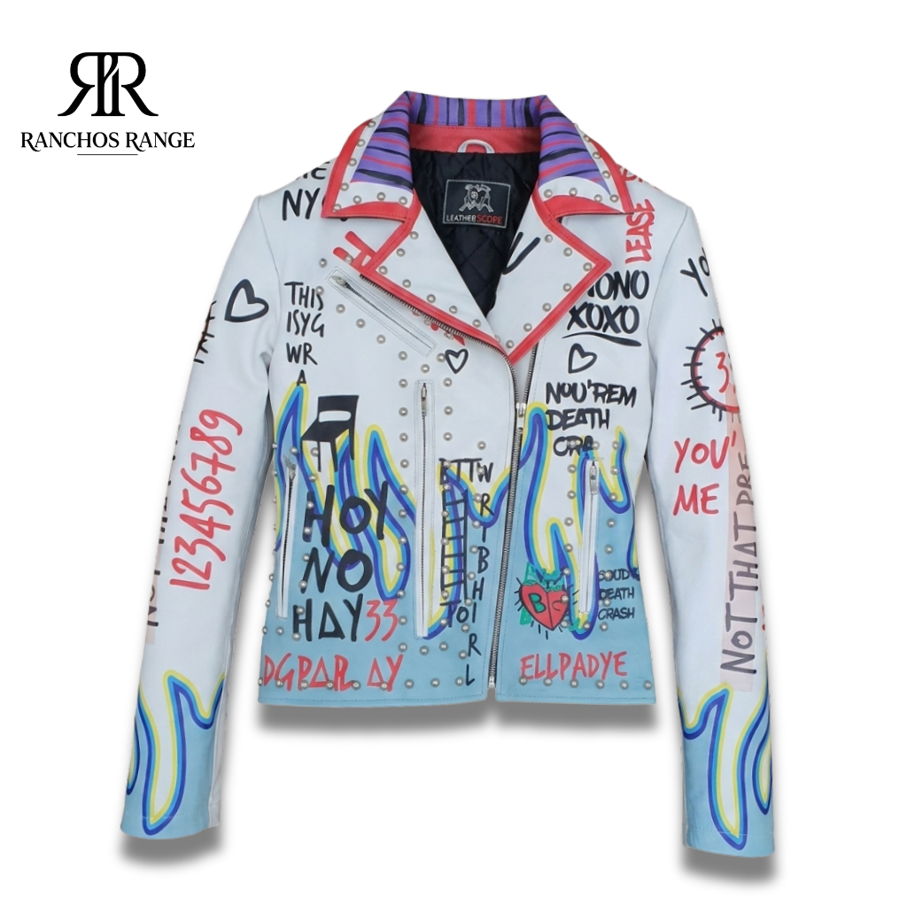 Custom Kikka Queen Spiked Leather Biker Jacket | Blue Leopard Print Moto Coat with Studs & Graphic Crown for Women
