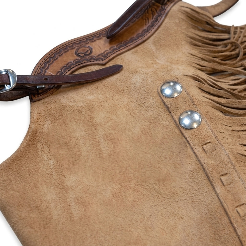 Custom Hand Tooled Leather Rodeo Chaps - Tan Suede Western Show Chaps with Floral Carving - Adjustable Suede Riding Chaps for Men & Women - Ranchos Range Equestrian Gear