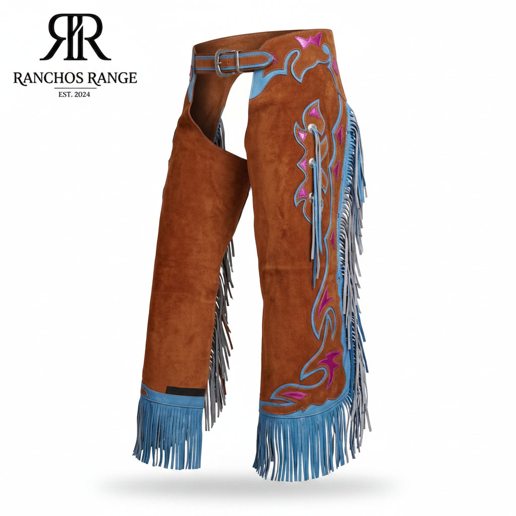 Custom Bull Riding Chaps - Pro Rodeo Leather Chaps - Brown Suede with Blue & Pink Inlay - Western Horse Riding Gear - Ranchos Range Handmade