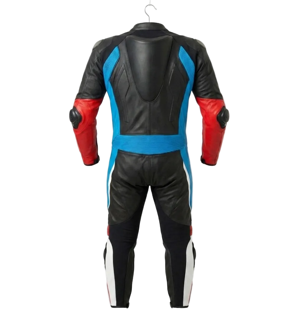 Professional Cyan & White Motorcycle Racing Suit - Custom One-Piece Leather Motorbike Gear - CE Armor Protection - Track Ready Rider Suit - Black Accents