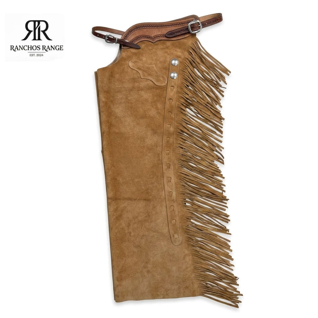 Custom Brown Suede Leather Rodeo Chaps - Hand-Tooled Floral Leather Western Chaps with Fringe - Cowhide Bull Riding Chaps for Men & Women - Ranchos Range