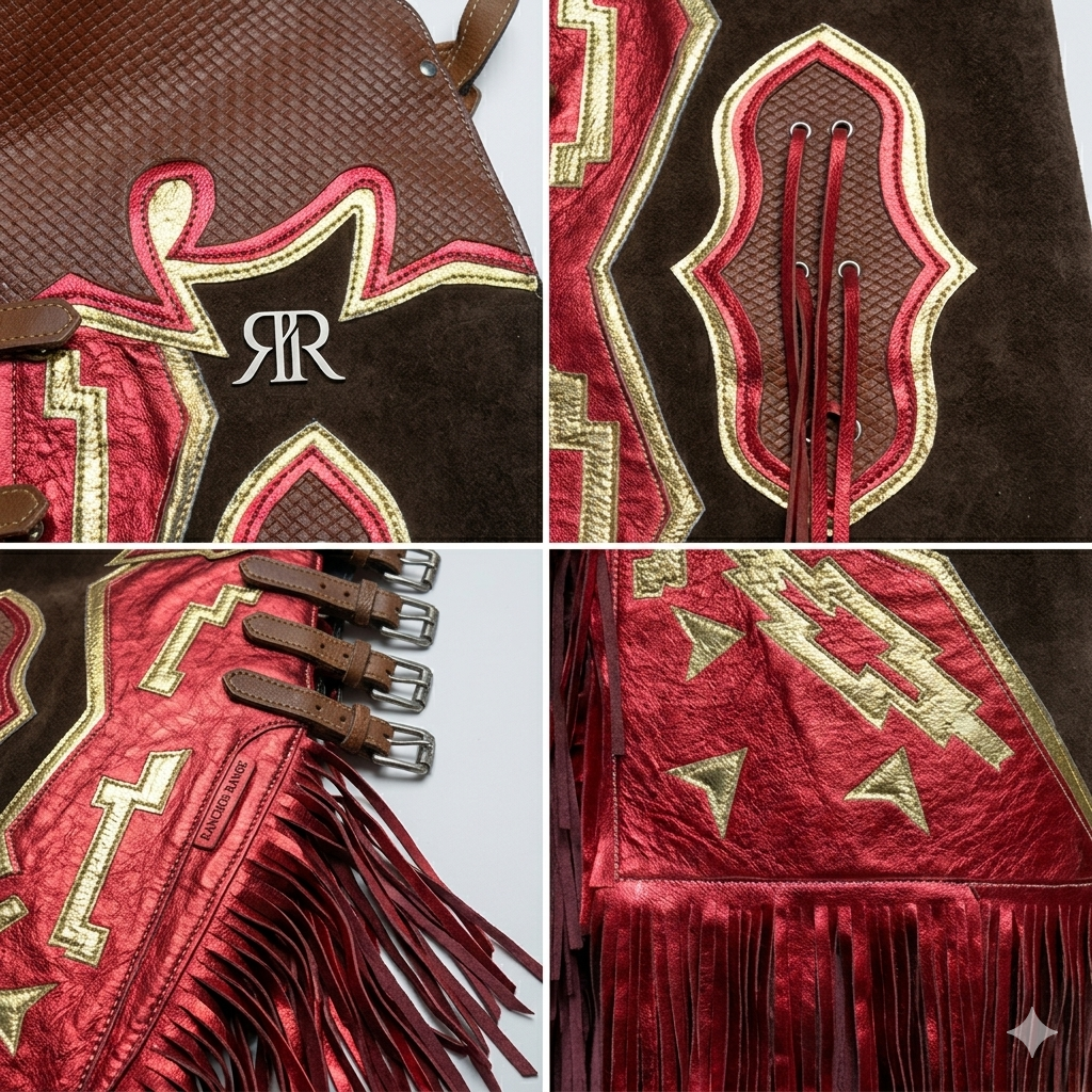 Custom Professional Rodeo Chaps - Metallic Red & Brown Suede Leather - Western Riding Gear with Gold Inlay and Fringe