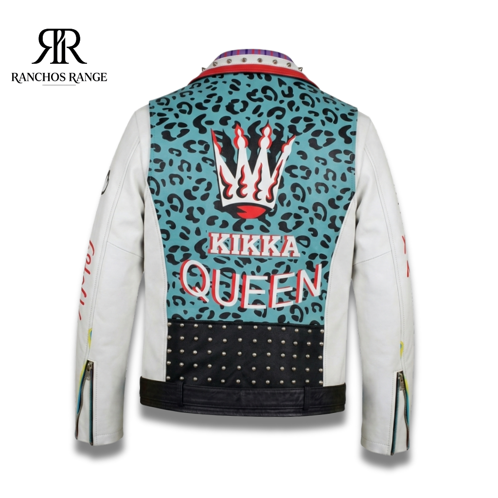 Custom Kikka Queen Spiked Leather Biker Jacket | Blue Leopard Print Moto Coat with Studs & Graphic Crown for Women