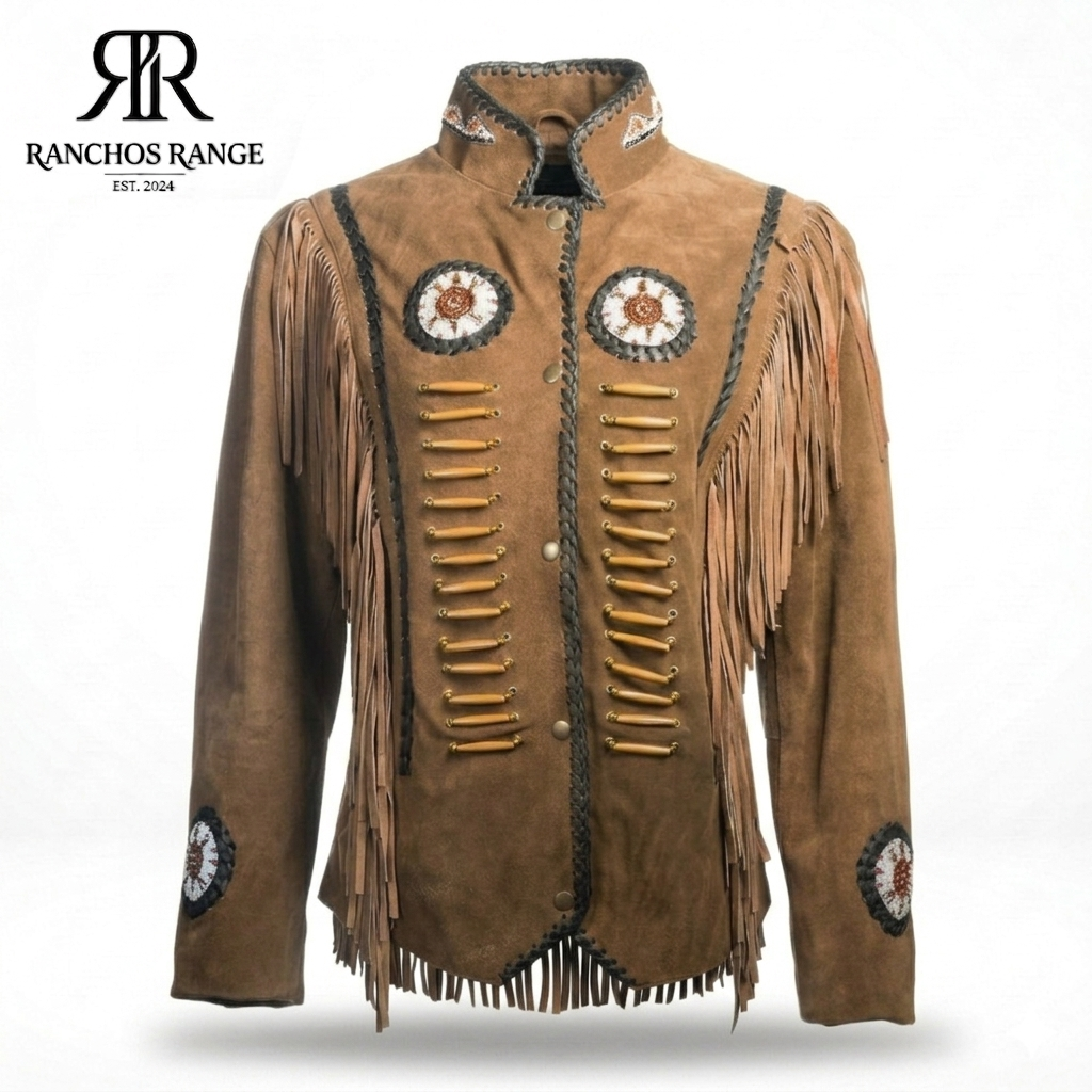 Native American Style Women's Brown Suede Leather Jacket - Western Fringed Coat with Beaded Medallions & Bone Piping - Cowgirl Rodeo Wear