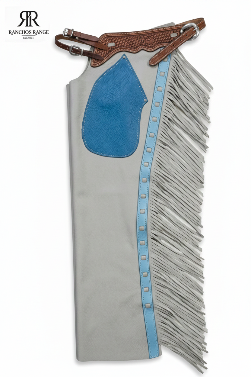 Custom Western Leather Rodeo Chaps - Hand-Tooled Basketweave Yoke with Blue Suede and Grey Smooth Leather - Unique Patterned Fringe - Professional Equestrian Gear - Ranchos Range