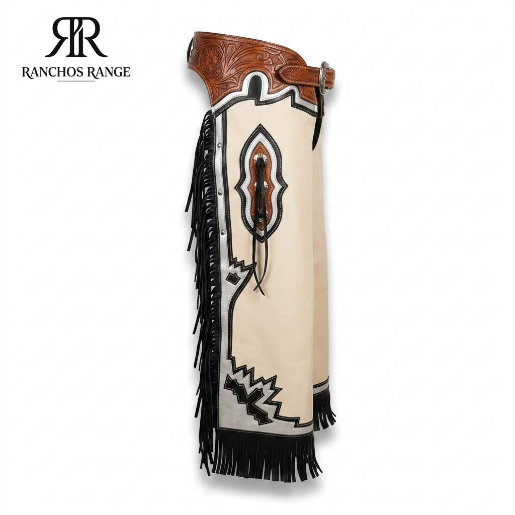 Custom Western Rodeo Chaps – Pro Bull Riding & Equestrian Gear – Cream & Black Leather