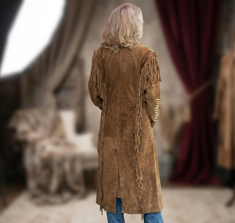 Handcrafted Western Suede Long Coat with Fringe & Metallic Detailing