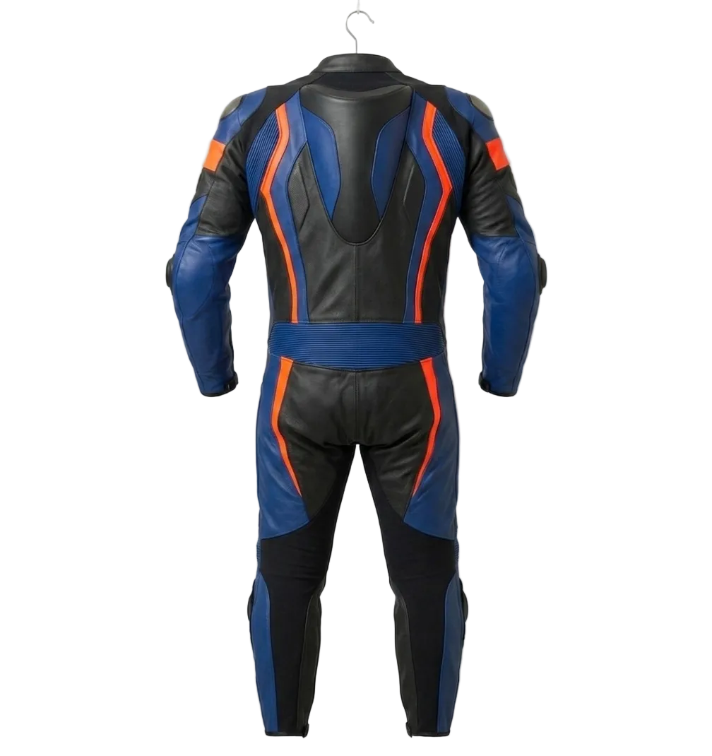 Professional Blue & Orange Motorcycle Racing Suit - Custom One-Piece Leather Motorbike Gear - CE Armored Track Suit - High Visibility Rider Leathers