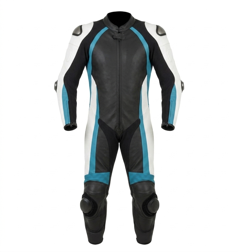 Professional Cyan & White Motorcycle Racing Suit - Custom One-Piece Leather Motorbike Gear - CE Armor Protection - Track Ready Rider Suit - Black Accents