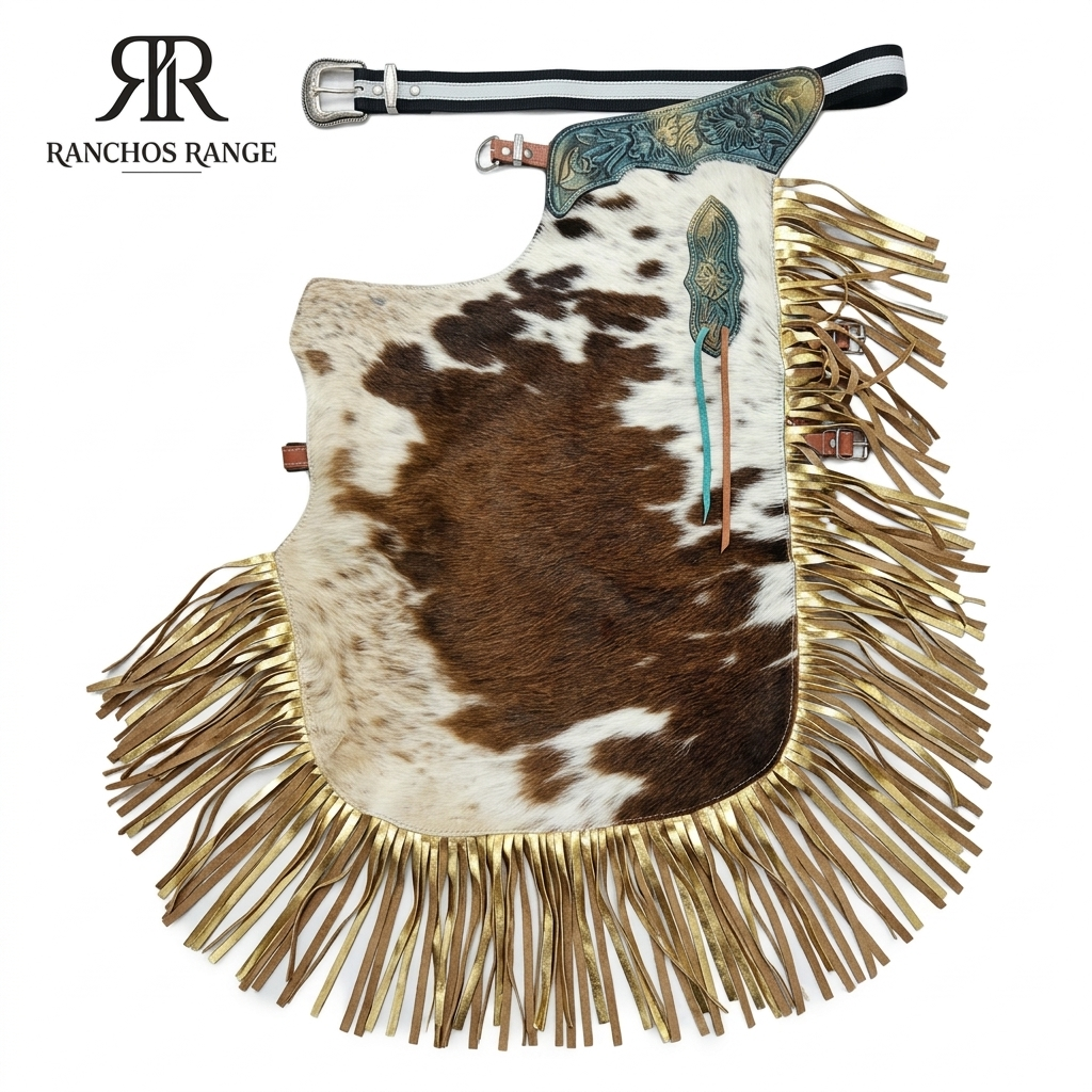 Pro Rodeo Bull Riding Chaps | Genuine Hair-on Cowhide | Metallic Gold Fringe & Tooled Leather Yoke | Custom Western Cowboy Gear