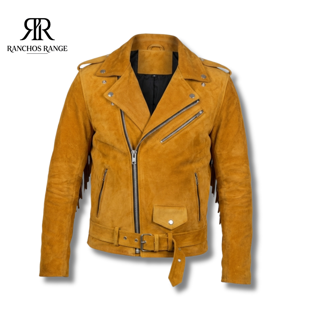 "Western Suede Fringed Biker Jacket in Camel Tan Suede (MRNS 17293-BS)"