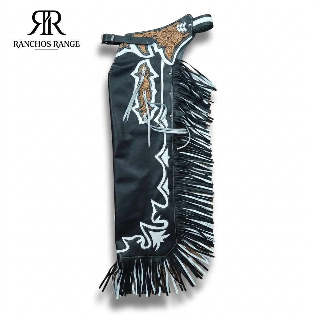 Custom Leather Rodeo Chaps with White Inlay and Fringe - Professional Roughstock Western Chaps for Bull Riding & Horseback Riding