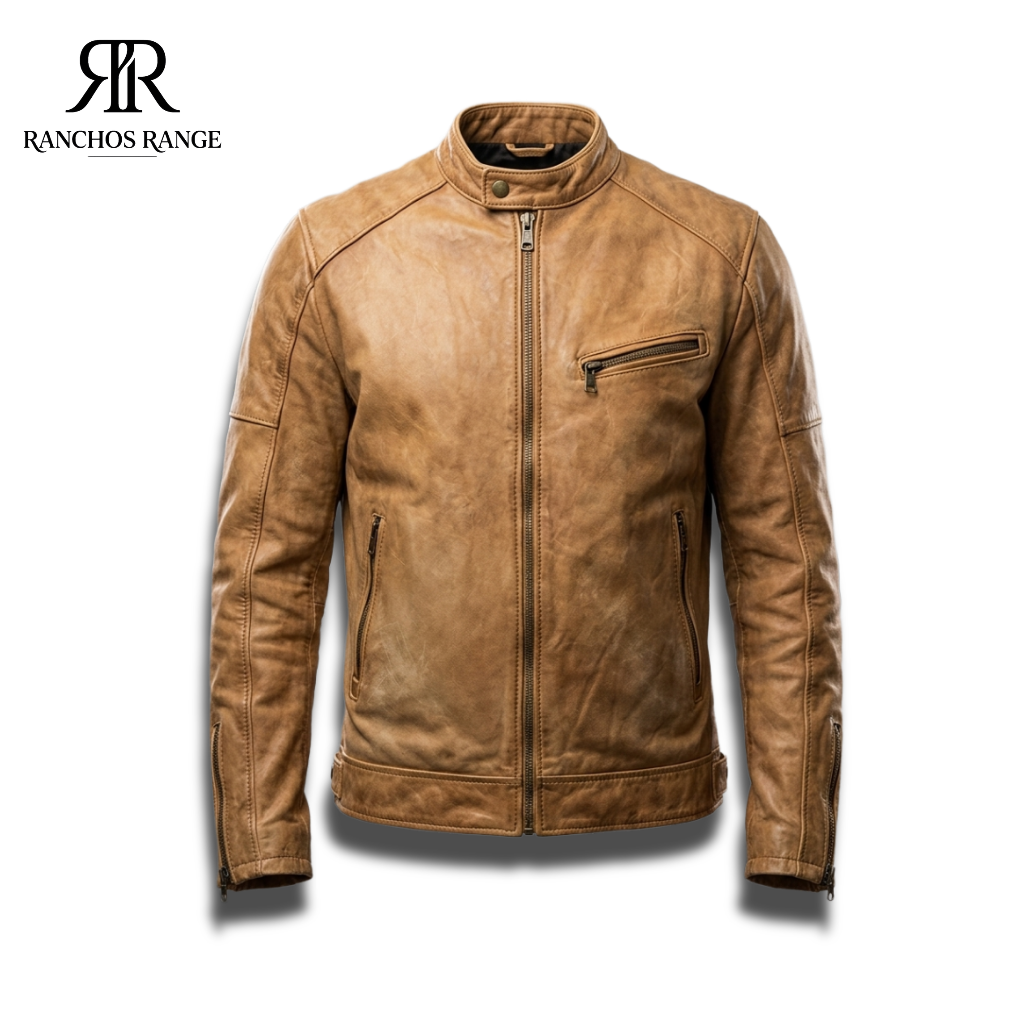 Handmade Men’s Distressed Tan Leather Motorcycle Jacket - Vintage Cafe Racer Style Real Sheepskin Biker Jacket - Slim Fit Retro Leather Coat