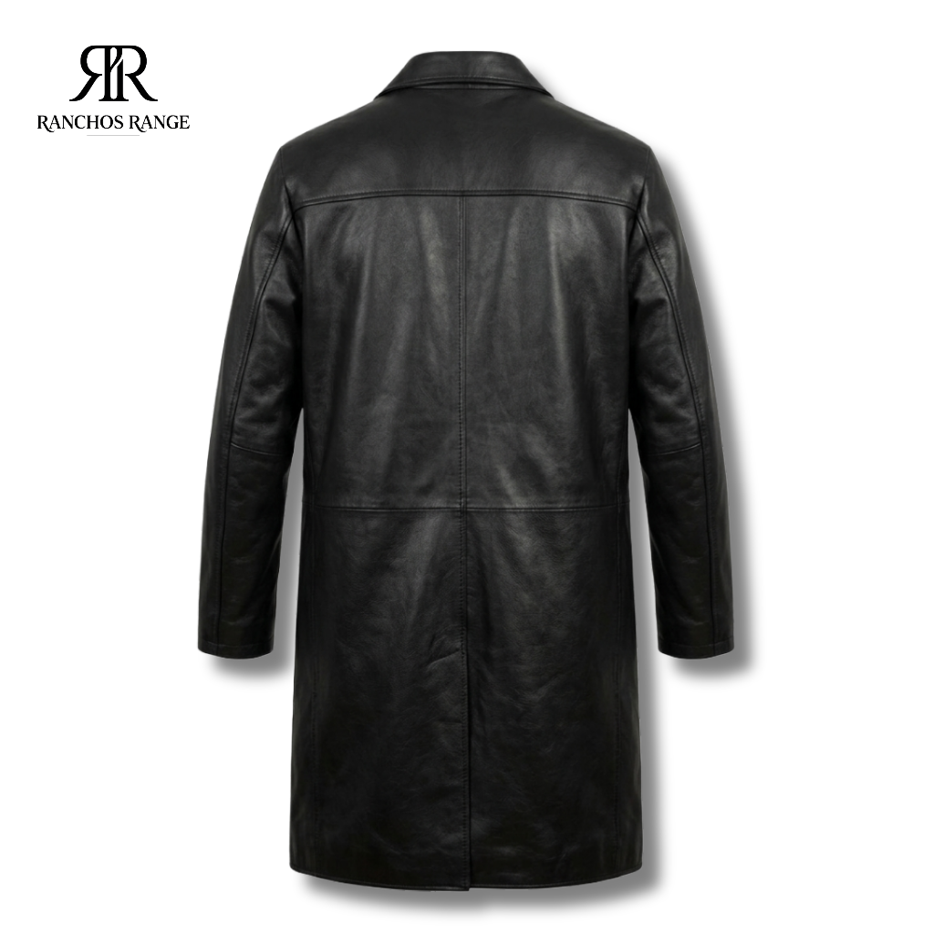 Handmade Black Leather Trench Coat for Men - Genuine Lambskin Long Overcoat - Urban Rancher Duster Jacket - Custom Fit Full Length Leather Coat