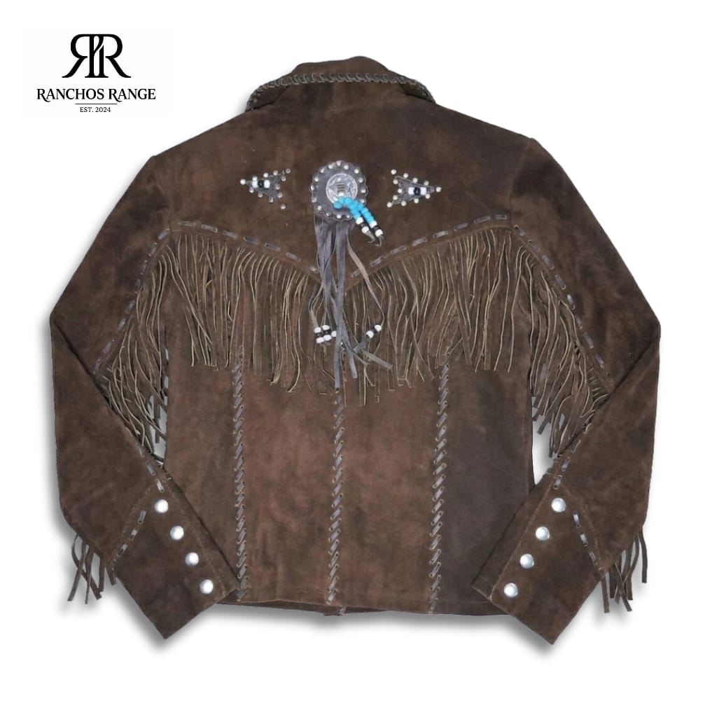 Women’s Western Brown Suede Fringe Jacket with Concho & Turquoise Bead Detail