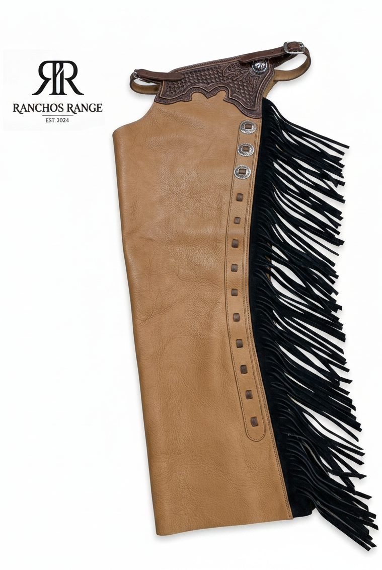 Custom Leather Rodeo Chaps for Bull Riding - Hand-Tooled Floral Yoke Western Chaps - Cowhide Riding Gear with Fringe - Professional Equestrian Chaps