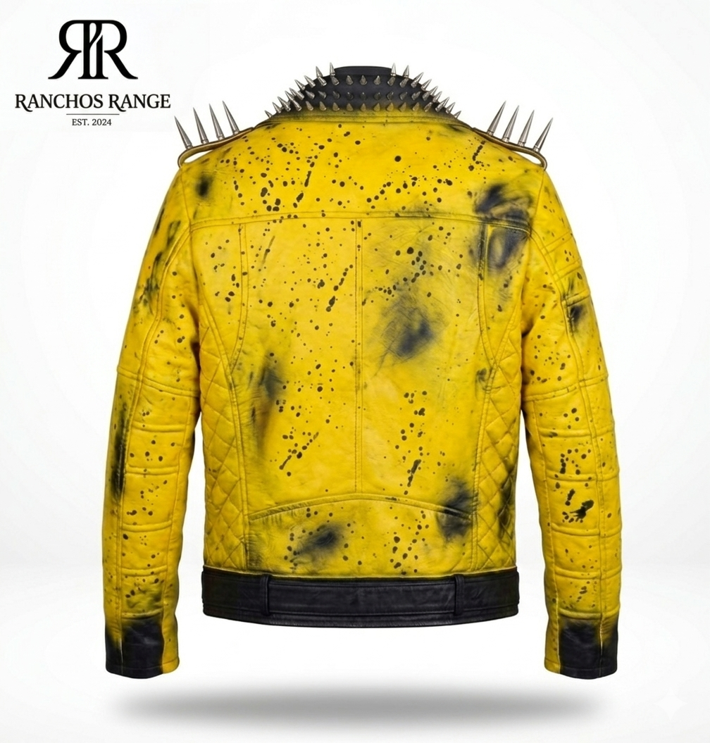 Men’s Distressed Yellow Leather Biker Jacket - Hand-Painted Spiked Punk Rockstar Moto Jacket with Studded Collar