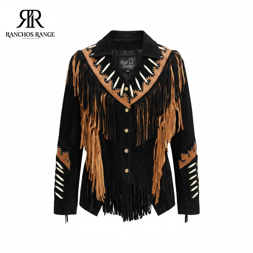 Vintage Style Western Fringe Jacket | Women's Black & Tan Suede Boho Coat with Bone Piping | Native American Inspired Southwestern Leather Outerwear
