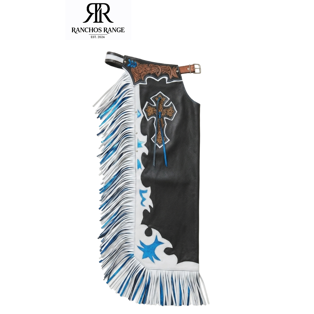Handcrafted Leather Western Chaps with Cross Detail and Blue Fringe