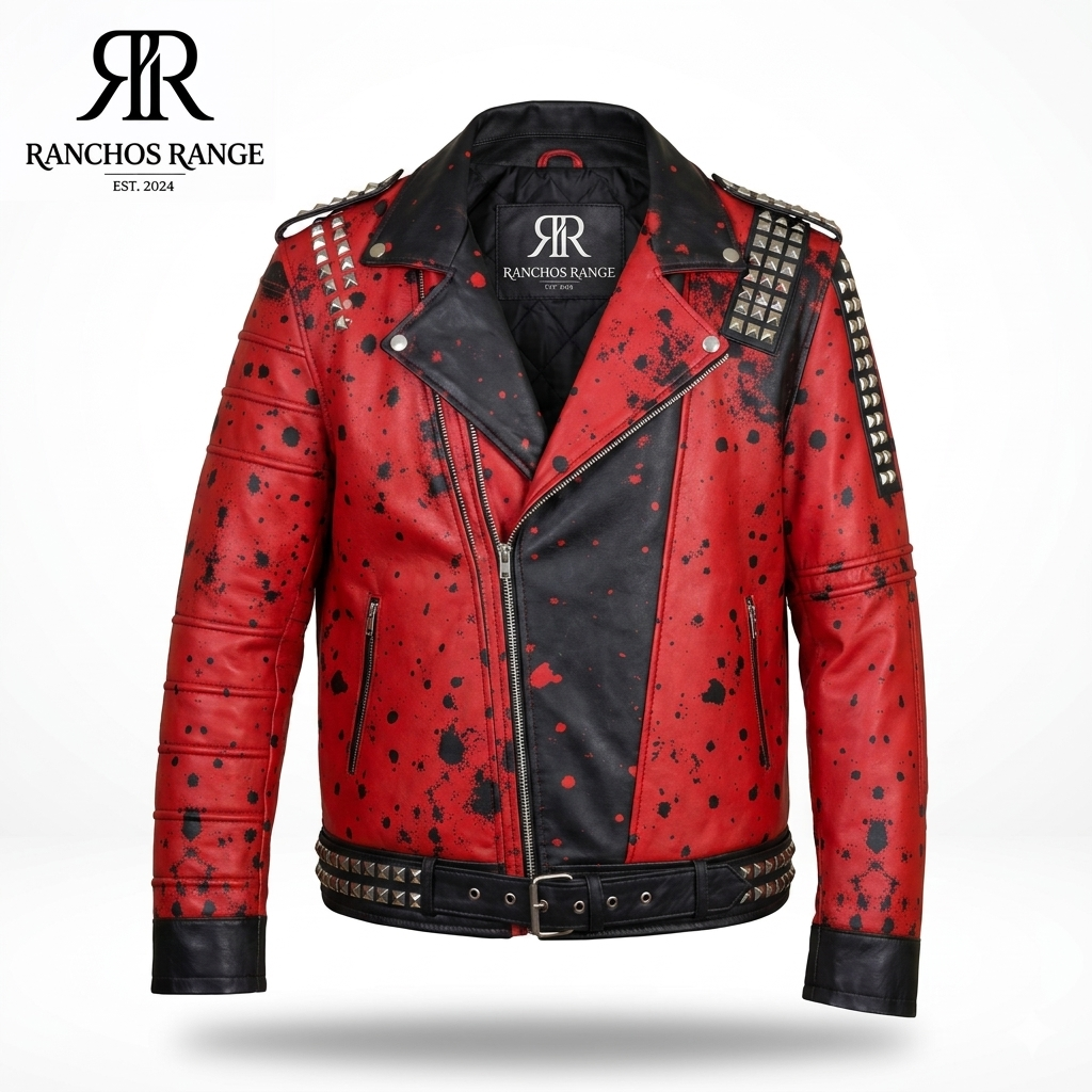 Gothic Punk Red Biker Jacket with Black Splatter and Studs, Distressed Streetwear Faux Leather Moto Coat for Rock Fashion
